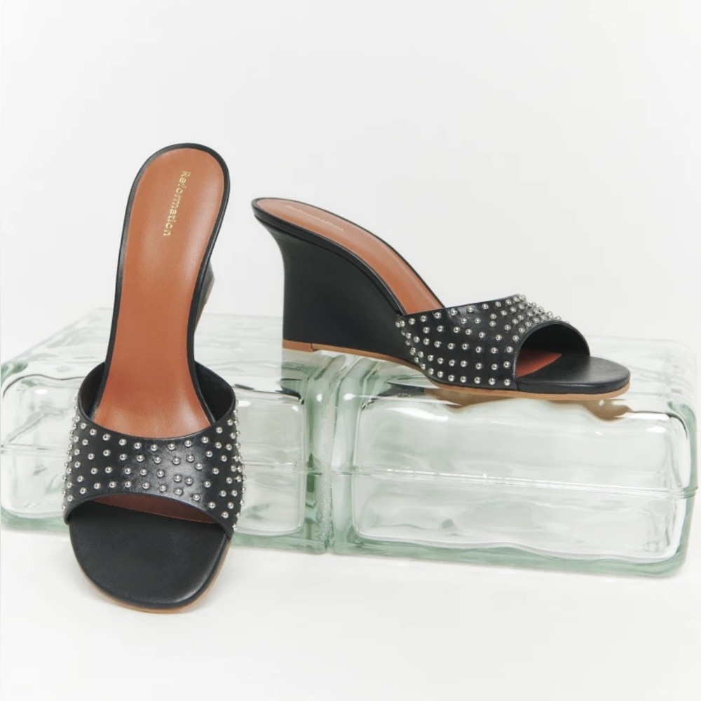 REFORMATION Anita Wedge Mule Black with Silver Studs